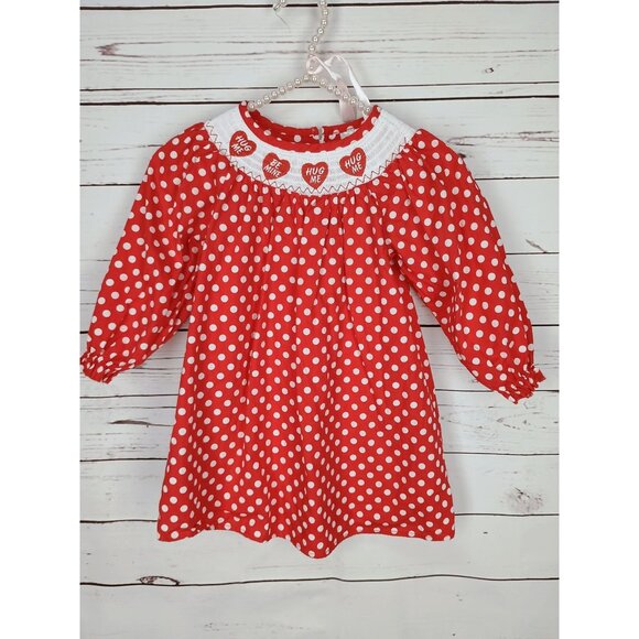 Valentines Day Polka Dot Smocked Dress Red White Hearts Girls Size 5 - Picture 1 of 7